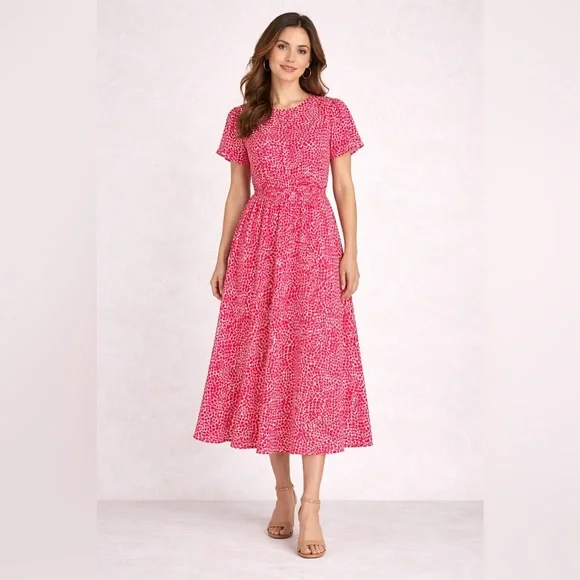 Joy Gordon Red & White Print Midi Dress Size 16 Short Sleeve Fit & Flare - Picture 3 of 11